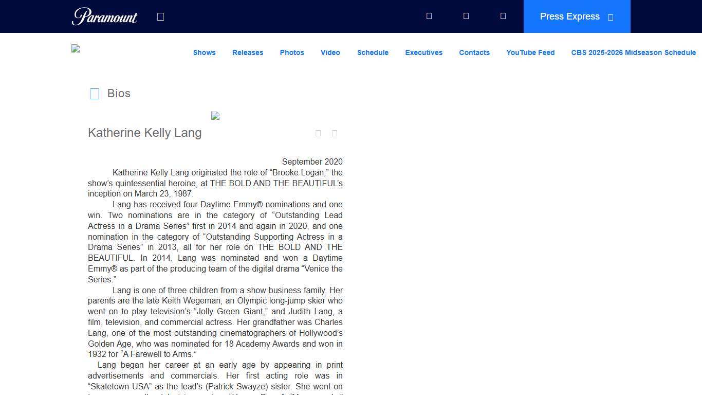 Paramount Press Express CBS Entertainment Bios